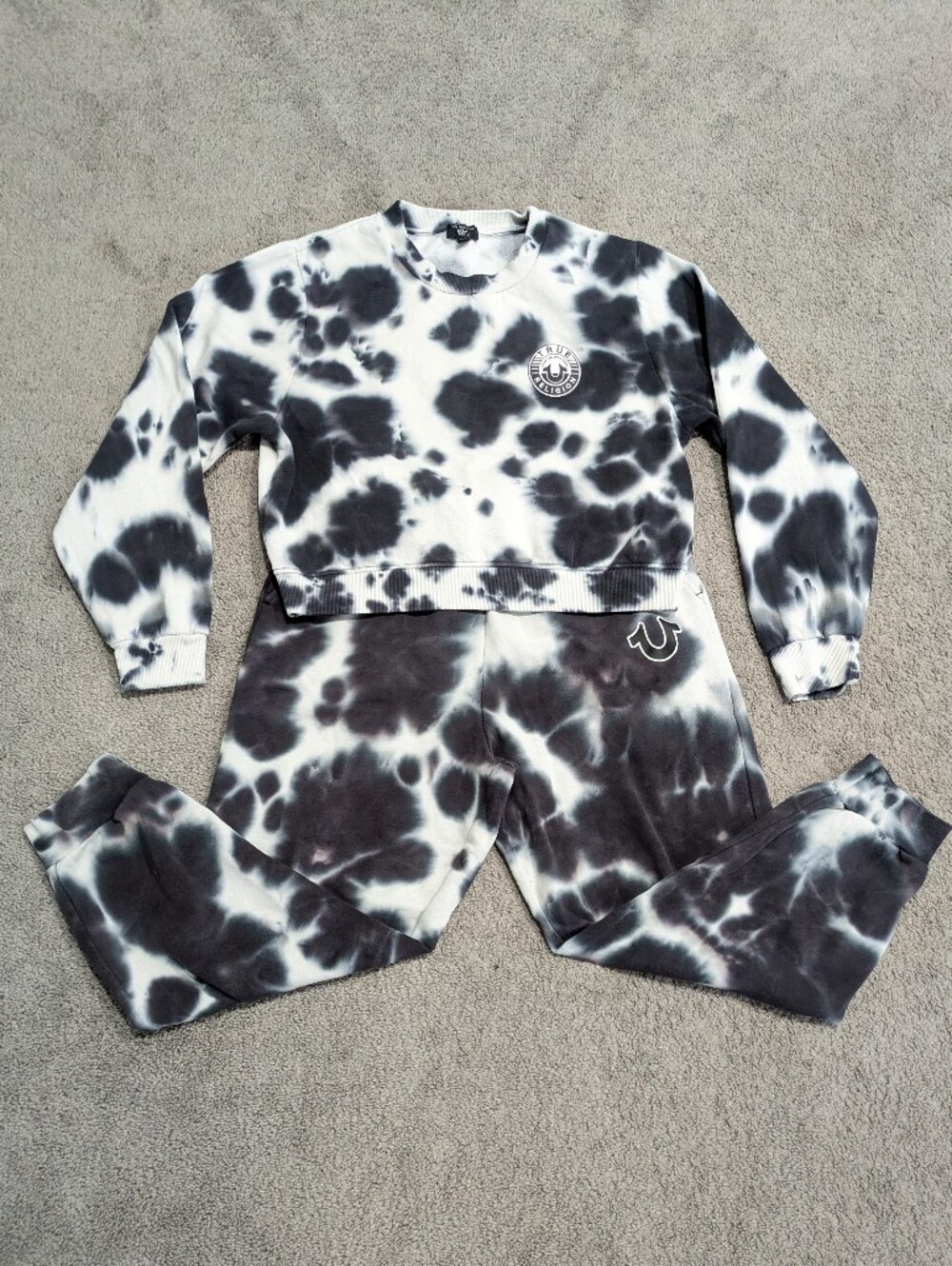 True Religion Tie Dye Sweatshirt & Joggers Pants Set White Black Women's Sz Lg